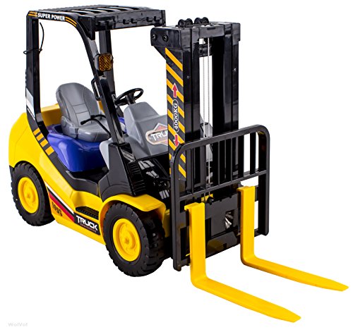 WolVol 6-Channel Electric Remote Control Forklift - Functional RC Lighted Fork Lift Toy w/ Pallet, Barrel, Rechargeable Batteries & Charger - Pretend Construction Playset for Kids