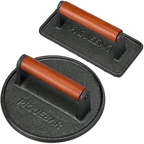PIQUEBAR Burger Press Cast Iron Grill Press Bacon Press for Griddle Heavy Duty Weight Press Smash Burger Press with Wood Handle 2 Pack Cover