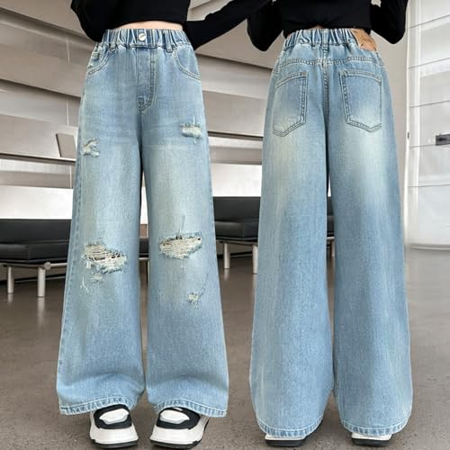 Girls Ripped Jeans Straight Leg Baggy Button Denim Pants Elastic Waist Trousers Trendy Casual Streetwear with Pockets4