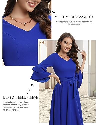 Image of DRESSTELLS Women's Cocktail Dress Summer Wedding Guest Party Vintage 3 /4 Bell Sleeve V Neck A-Line Dress