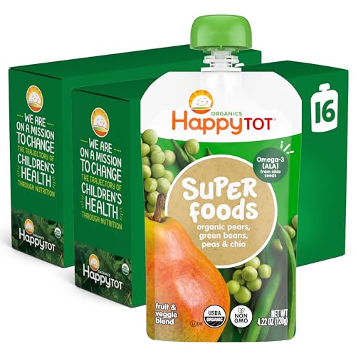 HAPPYTOT Organics Stage 4 Baby Food Pouches, Gluten Free, Vegan Snack, SuperFoods Fruit & Veggie Puree, Pears, Peas, Green Beans & Chia, 4.22 Ounce (Pack of 16)