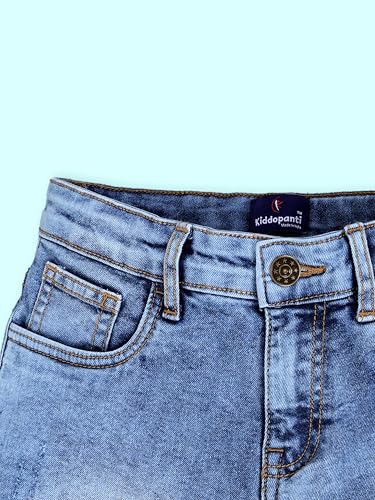 Image of KiddoPanti Boys Knee-Length Denim Shorts | Stretchable Cotton Poly Denim | Comfortable Fit with Button Elasticated Waistband & Zip Fly
