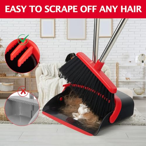 Image of Broom and Dustpan Set with Long Handle, Heavy Dust Broom and Dustpan Combo for Home,Kitchen, Office, Pet Hair 2PCS (Black Red)