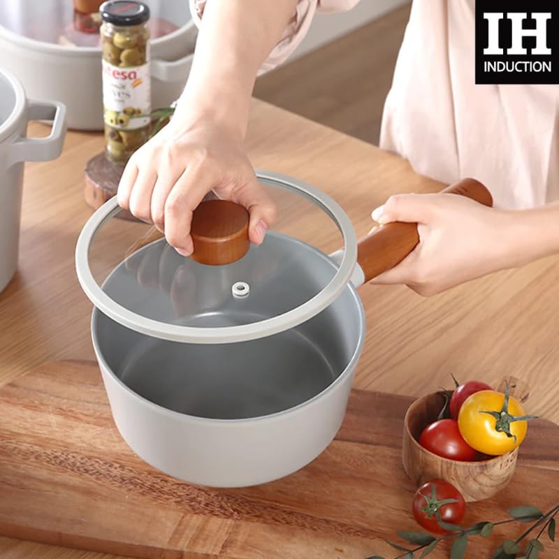FIKA 1.7QT Kitchen Nonstick Sauce Pan with Glass Lid, Butter Warmer, Melting Saucepot, Induction, Wood Handle, Made in Korea (7