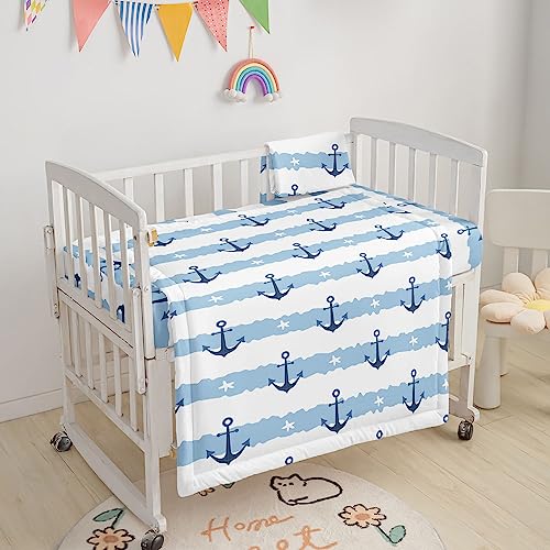 Image of Crib Bedding Set, 3-Piece Nursery Bedding with Comforter, Crib Sheet & Crib Skirt, Blue White Stripes Starfish Anchor Nursery Bedding for Baby Boys and Girls (Anchor Blue)