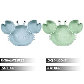 PandaEar 2 Pack Silicone Suction Plate for Baby, Divided Unbreakable Toddler Food Plate with 2 Pack Spoons for Self Feeding, Toddler Utensils Feeding Set Baby Eating Supplies, Crab Shape -Blue&Green