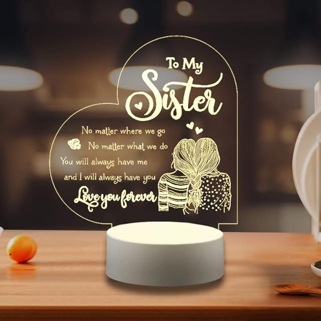 WJYTLON Christmas Gifts for Women, Sister Gifts from Sister, Bedside Lamp is The Best Gift for Her, Sister Birthday Gifts from Sister- Acrylic LED Night Light, Big Sister Gifts for Women (Heart)