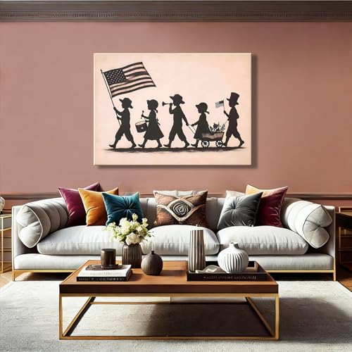 Image of RIBNTAK Vintage Kids Patriotic Parade Wall Art for Kids Room, American Flag Silhouette Poster for Home Office Decor, 4th of July Pictures Wall Decor, Unique Independence Day Canvas Prints
