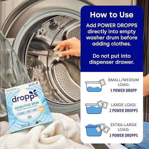 Image of Dropps Sensitive Skin Laundry Detergent Pods, Unscented (64 Ct) - Hypoallergenic & Dermatologist Tested | Free & Clear | Laundry Pods for Sensitive Skin | Clean Ingredients | Plastic Free Packaging