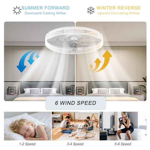 Image of Garwarm Ceiling Fans with Lights,20IN Ultra Low Profile Ceiling Fan with Light and Remote, Dimmable 3000K-6000K LED Fandelier Flush Mount, DC Motor, for Bedroom, Kitchen, Office