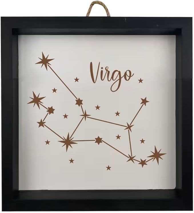 Framed Wood Sign Wall Art Home Desk Decor Gift Virgo Star Zodiac Horoscope Constellation (Black Frame)