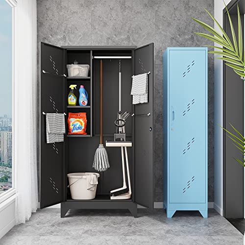 Yilfana Metal Storage Cabinet With Lockable Doors, 75" Steel Storage Locker Cleaning Tool Cabinet With Hanging Rod & S-Hooks, Tall Garage Storage Cabinet, Black, 75" H X 33.85" W X 16.53" D #TOP1