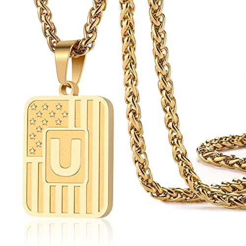 DuoDiner Letter U Initial Necklaces for Men Boys Teen Teenager, American Flag Pendent Chain Stainless Steel Dog Tag Male Necklace Jewelry Gifts (Gold)