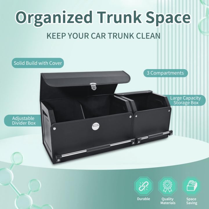 Miniatura 7 de Organizador de maletero de automóvil, organizador de almacenamiento plegable de cuero con tapa y asa resistente, organizador y almacenamiento para