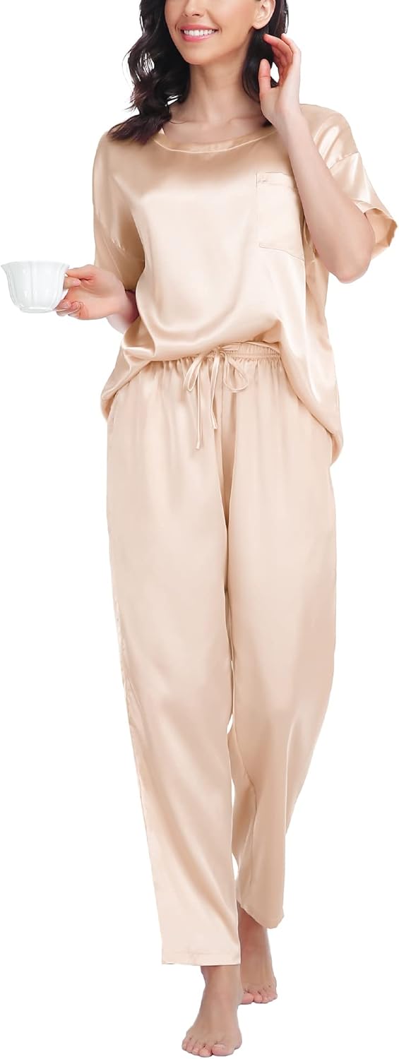 SWOMOG Womens 2 Piece Satin Pajamas Silk Short Sleeve Pjs Sets Capri Bottom Pajama Pants Loose Outfit with Pockets - Image 2