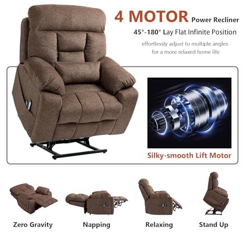 Image of 4 Motor Power Lift Recliner Chair for Elderly, 400LBS Big Man Oversized Lay Flat Recliner with Massage Heat, Zero Gravity Electric Lift Chair, Adjustable Headrest, 2 Cup Holders, Brown