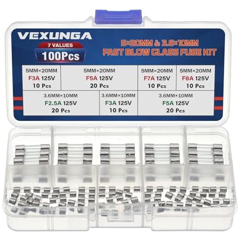 VEXUNGA 7 Values 100 Pcs Christmas Light Fuses Kit 3A 5A 7A 8A 125V 5x20mm Max Fuse 2.5 3 5 Amp 125 Volt 3.6x10mm Mini Glass Round Tube Fusibles Replacement Fan C7 C9 Bulb String Cover