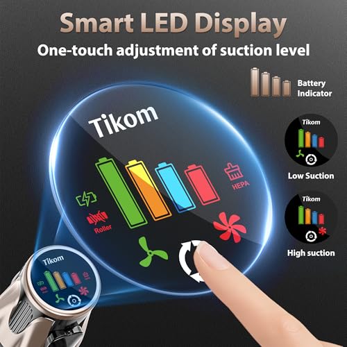 Image of Tikom V850 Cordless Vacuum Cleaner for Home, 50000Pa /550W 70Mins Stick Vacuum with LED Touch Screen, 1.8L Dust Cup, Charging Wall Dock, Anti-Tangle, Lightweight Vacuum for Pet Hair, Hard Floor, Carpet
