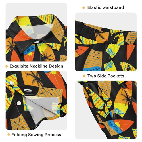 Image of Sunflower Floral Yellow Black Short Sleeve Hawaiian Button Down Shirts and Short Sets for Boys Toddler Summer Outfits