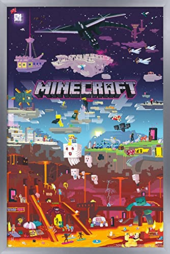 Poster Minecraft World Beyond sous cadre argenté, idée cadeau pour ado fan
