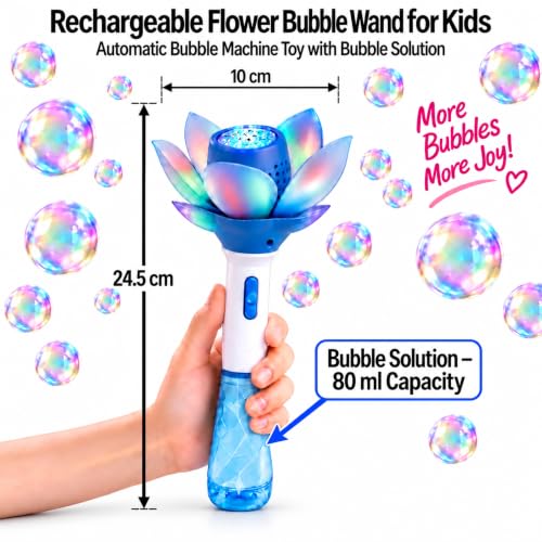 Image of Graphene Automatic Flower Bubble Wand for Girls Boys Magic Bubble Stick Toy Openable Petals LED Lights Princess Bubble Stick Toy Blower Machine Outdoor Party Toy Birthday Gift Kids 3+Years (Blue)