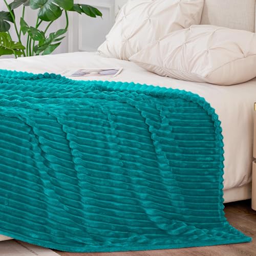 Image of BEDELITE Fleece Blanket Queen Size - 3D Ribbed Jacquard Soft and Warm Decorative Fuzzy Blankets - Cozy, Fluffy, Plush Lightweight Throw Blankets for Couch, Bed, Sofa(Blue, 90x90 inches)