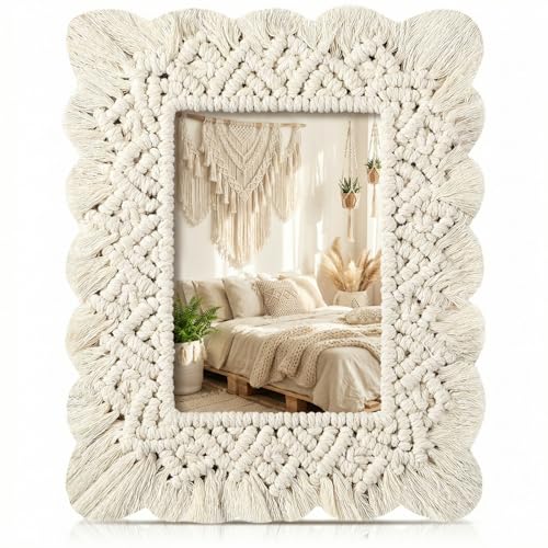 AceOrbit 5x7 Scalloped Boho Picture Frame Cotton Woven Rustic Photo Frame with Glass Panel Vintage Rustic Tabletop Display Home Decor for Bedroom Living Room Hallway Entryway