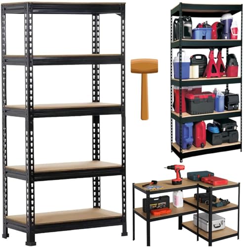 Image of JD FRESH 5-Shelf Adjustable Boltless Metal Shelving Unit /Heavy Duty Storage Rack with Wooden Planks for Home, Garage, Office & Shop /Display Rack with Metal Frame (60 x 24 x 12 Inch, Black)