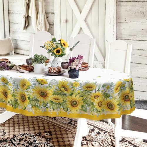 ywionf Oval Sunflower 60x84 Inch, Rustic Spring Summer Floral Table Cloth, Farmhouse Waterproof Durable Polyester Wrinkle-Free Table Cover for Indoor Outdoor, Holiday Kitchen Dining and Parties