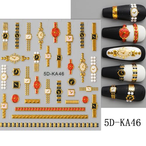 Gold Nail Stickers for Nail Art Wrist Watch Clock Nail Decals 5D Embossed Self Adhesive Nail Stickers Charms Supply for Women Manicure DIY Decorations 2Sheets - Thumbnail 5