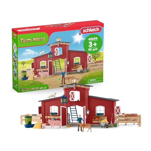 schleich FARM WORLD | Große rote Farm mit Bauernhaus 42606 | Set inkl. Haus, Bauer, Kuh, Schwein, Katze, Maus & Zubehör | detailgetreues Bauernhof Spielzeug für Mädchen & Jungen ab 3 Jahren | 92 Teile