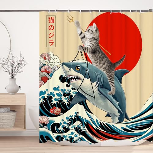 Image of Funny Japanese Cat Shower Curtain, Vintage Cat Riding Shark Japan Anime Sunset Wave Waterproof Shower Curtain with Hooks, Animal Fabric Shower Curtains Bathroom Decor 72X72inches