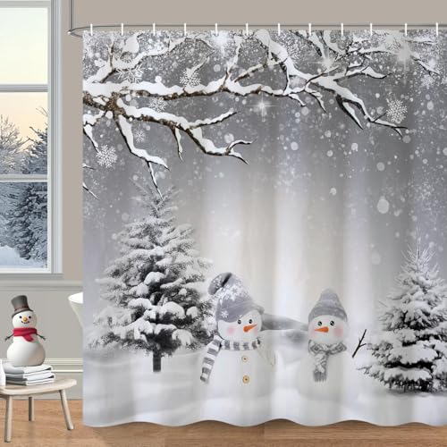 CRTPOD Christmas Shower Curtain Winter Cute Snowman Snowflake Pine Tree Snow Cover Scene Shower Curtains for Bathroom Grey Holiday Waterproof Fabric Bathroom Curtain with Hooks Bath Decor 72Wx72L