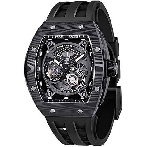 TSAR BOMBA Watchs for Men Automatic Carbon Fiber - Luxury Tonneau Watch - Energy Storage Indicator - Sapphire Glass - 50m Waterproof - Fluororubber Strap Cover