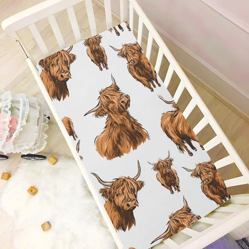 Image of Highland Cow Cute Crib Sheets Soft Breathable Fitted Baby Crib Sheets Mattress Cover for Girls Boys, 52 inch x 28 inch x 9 inch