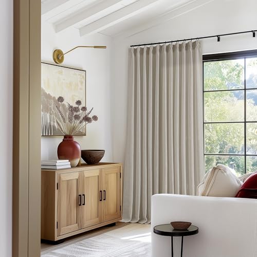 Image of Taupe Burlywood Pinch Pleat Linen Curtains 102 Inches Long 70 Inch Wide for Patio Sliding Door Light Filtering Semi Sheer Pleated Drapes Back Tab Extra Wide 70 x 102 Curtain for Living Dining Room