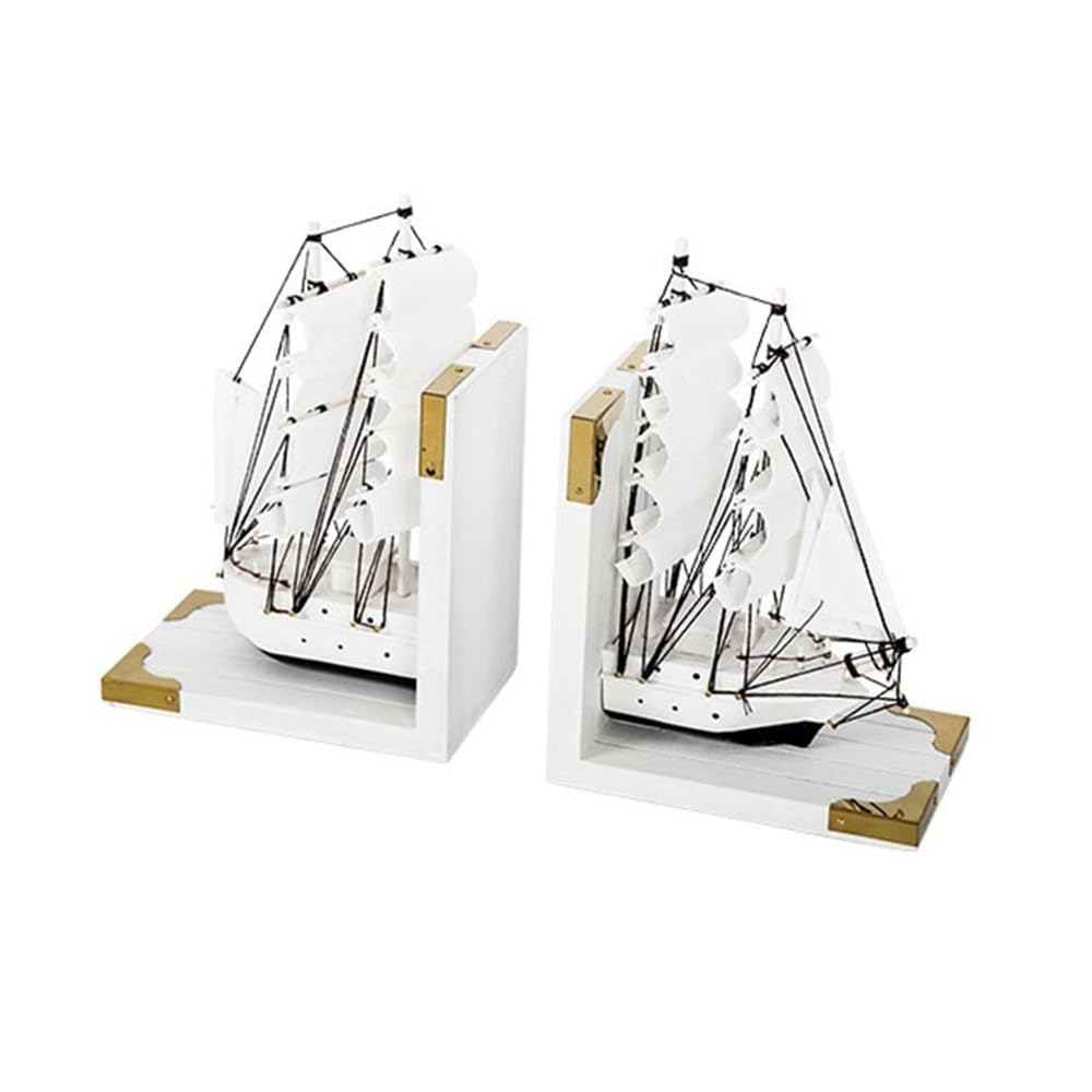 Bookends for Shelves Handmade Book Ends Decorative Bookends for Heavy Books Office Sailboat Model Decorations Bookshelf Holder Stand(White)