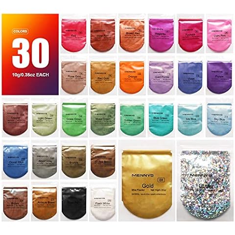 MENNYO Mica Powder 30 Colors (10g/0.35oz, Total 300g/10.5oz), Natural Pigments Glitter Epoxy Resin Dye for Soap Making, Bath Bomb, Cosmetic Eyeshadow, Makeup, Nail Polish, Slime, Paint Cover