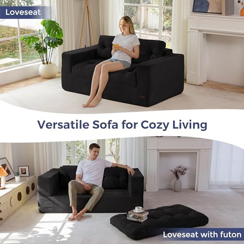 Image of MAXYOYO 63 inch Loveseat Sofa Couch for Small Spaces, Upholstered Boneless Cloud Couch for Apartment Bedroom, 2-Seater Love Seat Floor Modern Sofa with Pillows, No Assembly Required, Black