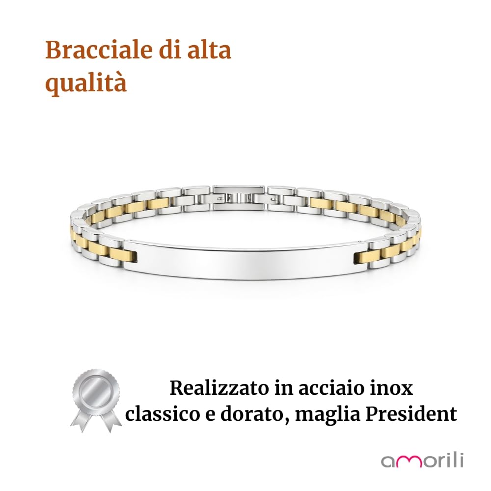 Bracciale Uomo Personalizzabile con Incisione in Acciaio Inox Maglia President con Dettagli Dorati – Gioiello Maschile Personalizzato con Frasi e Date – Idea Regalo Uomo bcc3183
