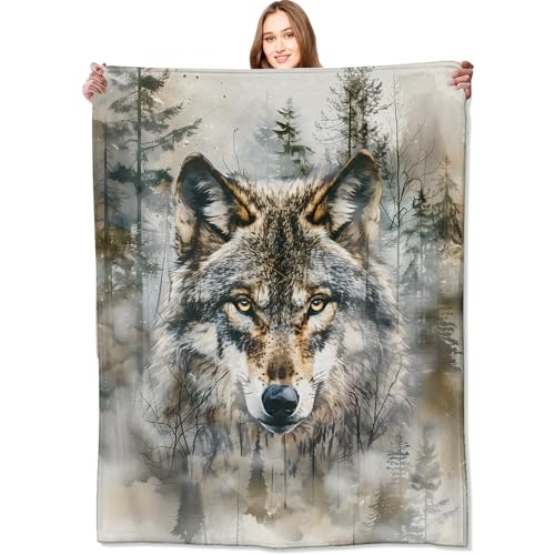 VODRM Cool Wolf Blanket Majestic Forest Throw Blankets Birthday Gifts for Kids Men Women & Wildlife Lovers Lightweight Soft Fleece Cozy for Sofa Couch Bed Room Rustic Decor 50x60in