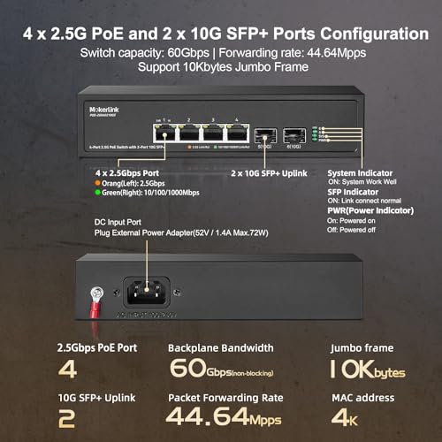 Image of MokerLink 4 Port 2.5G PoE Switch with 2 Port 10G SFP+ Slot, 4 x 2.5G Base-T Ports Compatible with 10 /100 /1000Mbps, IEEE8023af /at PoE 78W, Metal Unmanaged Fanless Small Network Switch