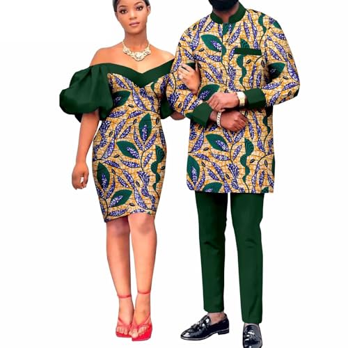 African Printed Batik Couple Suit Women's V-Neck One Shoulder Slim One-Piece Dress Matching Men's Dashiki Sets(C,Men-X-Small)