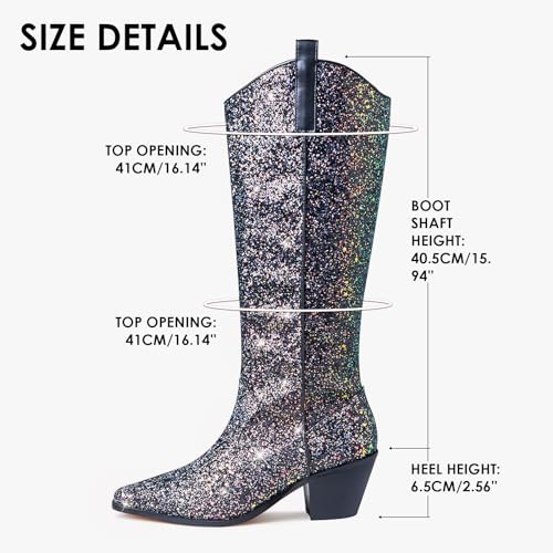Eteridrey Cowboy Boots for Women Pointed Toe Western Cowgirl Boots Chunky High Heel Glitter Boots for Prom Sparkly Knee High Boots4