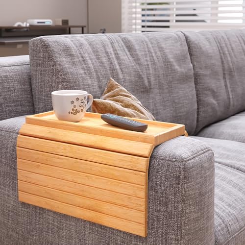 Fibogollo Bambus Sofatablett Armlehne,Flexibel Couch Tablett Armlehnen Tray,rutschfest Sofa Ablager für Snacks,Handy,Control,Tassen (Natur)