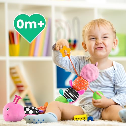 Image of Sumobaby Baby Toys 0-6 6-12 Months,Music Caterpillar Plush Toy with Baby Mirror, Pull String&Crinkle Rattle,Infant Sensory Toys,Tummy Time for 0-3-6-12 Month Boys Girls Newborn Gifts (Pink-Leaf)