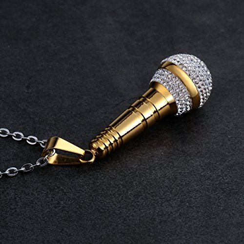 Collier homme acier inoxydable pendentif microphone or et strass CZ - 6