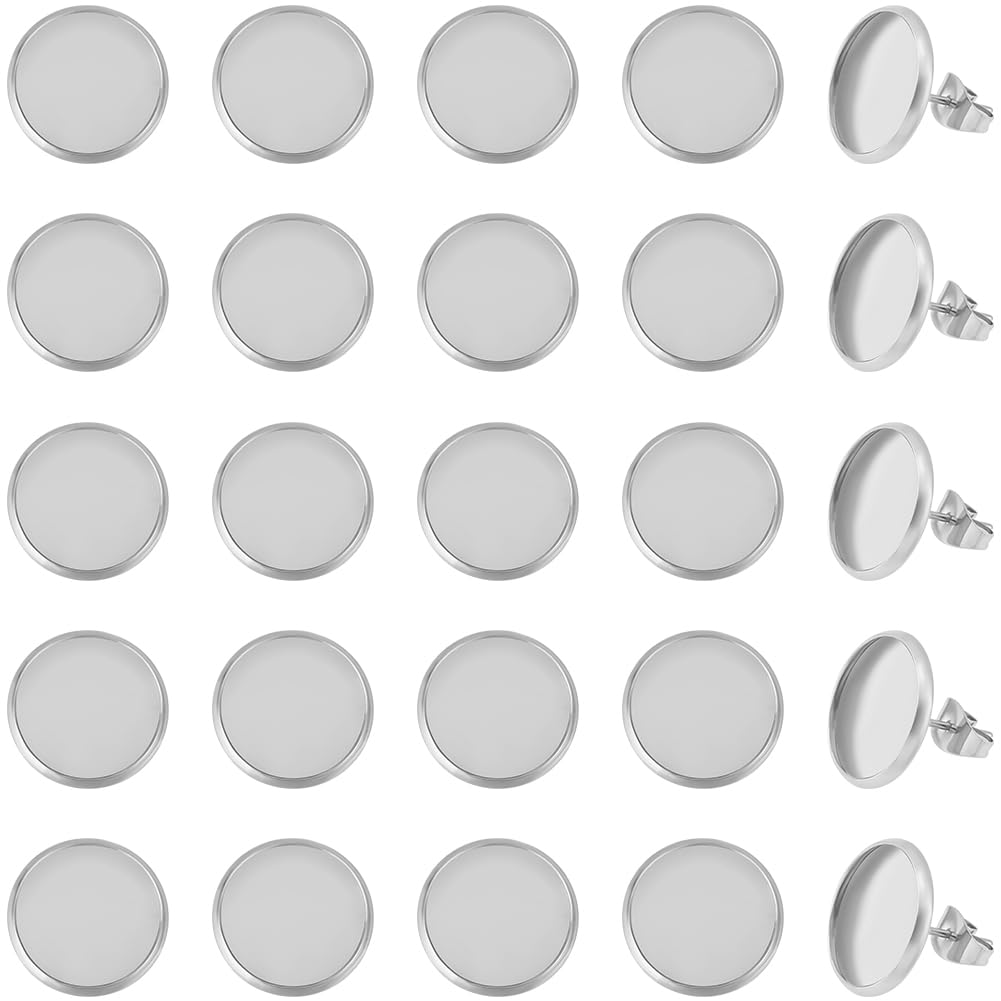 Beebeecraft 1 caja, 50 uds., Pendiente de 12mm, Ajuste de Cabujón, 316 bisel Redondo de Acero Inoxidable Quirúrgico, Pendiente de Tuerca En Blanco para Fabricación de Joyas DIY