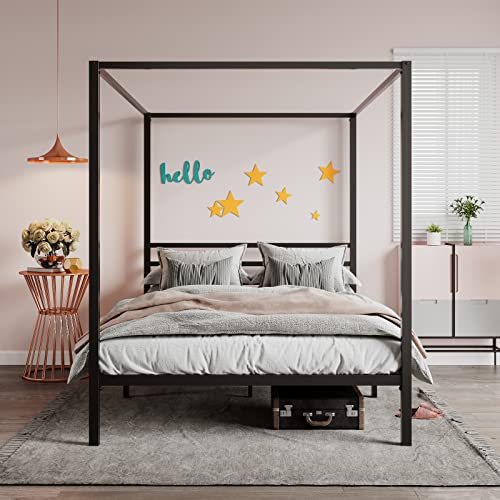 Sha Cerlin Metal Canopy Bed Frame/Mattress Foundation With Wood Slats Support/No Box Spring Needed/Easy Assembly, Black, Full #TOP1