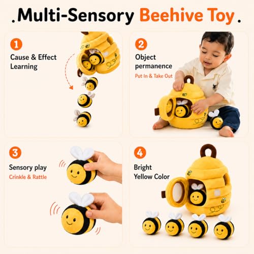 Image of TurtleBee Sensory Bee Baby Toy for 1 year Old - Montessori Soft Beehive Hide & Seek Toy with Plush Bumble Bees, Crinkle, Rattle & Mirror | Developmental Toys for Toddlers | Birthday Gift for 1,2,3 Years Old